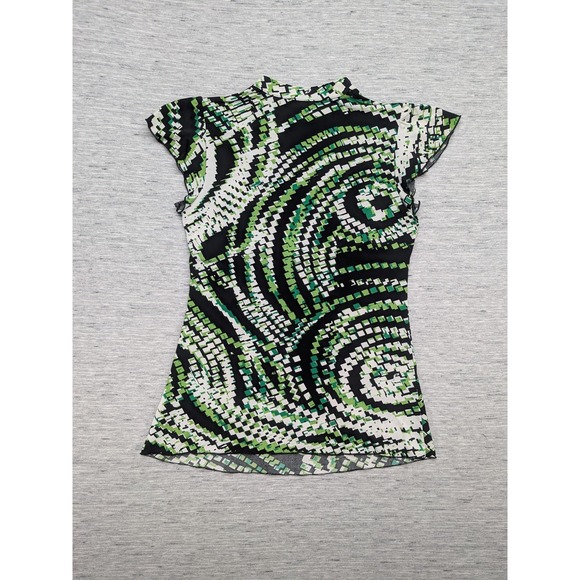 Maurices Babydoll Womens Small Green Black Geometric Ruffle Sleeve Stretch y2k - Picture 8 of 10